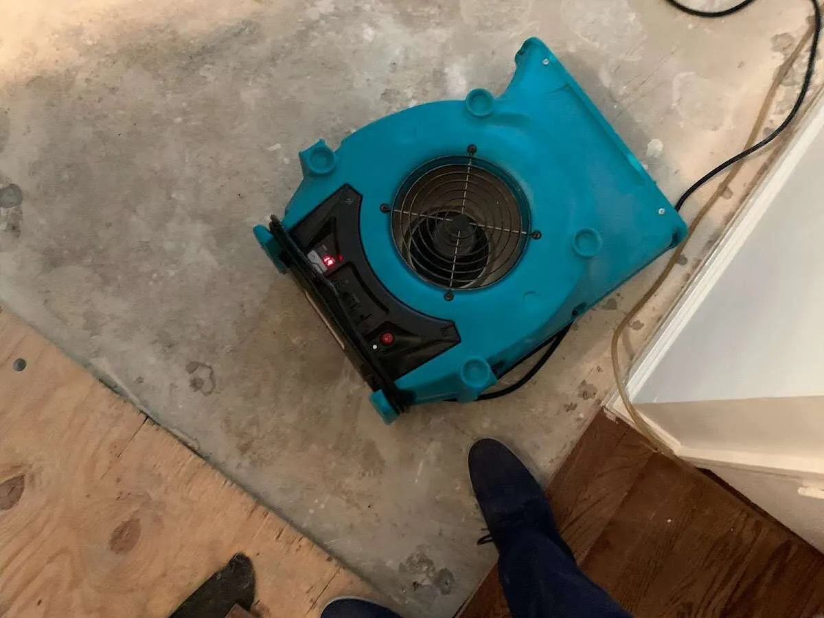 Air mover drying subfloor during Leak Detection & Repair in Parkway